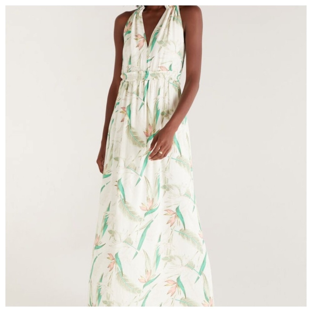 Z Supply Women's Maxi Dress Tropical Palm Leaf Print‎ Halter Neck Sleeveless L